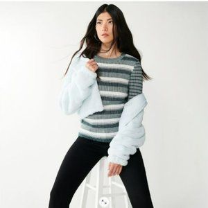 Nine West Striped Crewneck Sweater in Gray, White and Teal